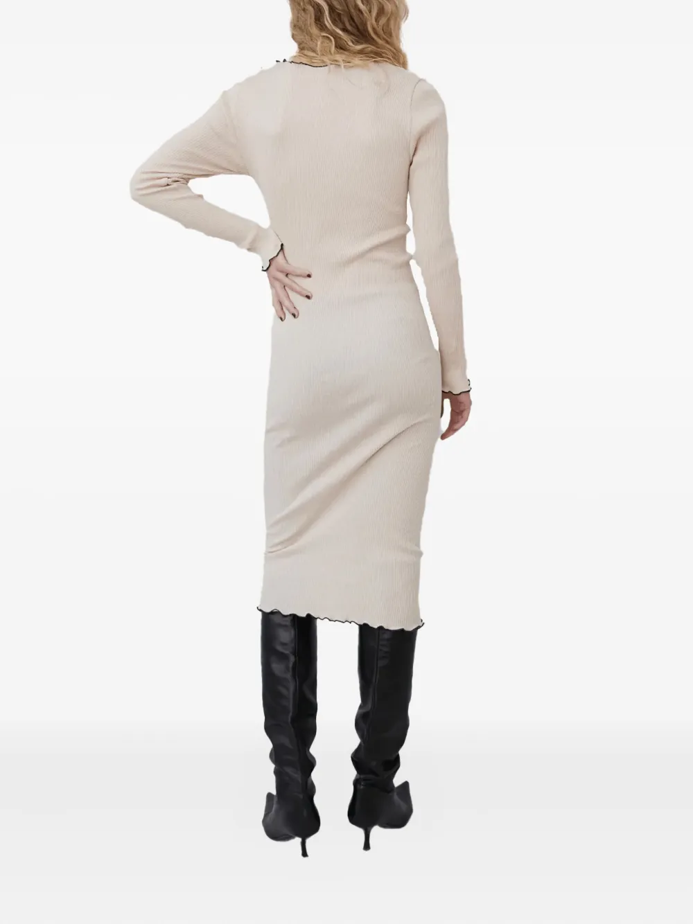 Operasport Ribbed Ruffle-hem Midi Day Dress In Neutral