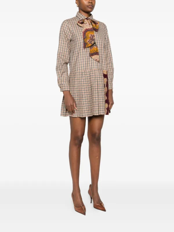 ワンピース Becky check mini dress Brown Wednesday's Girl tie-detail check mini smock dress in beige