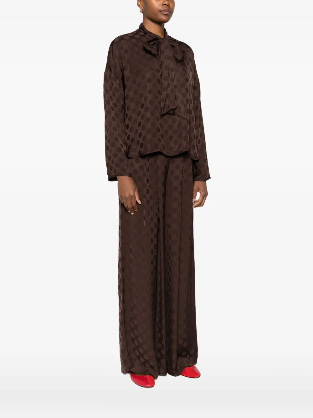 Dixie Polka-dot Tie-neck Blouse In Brown
