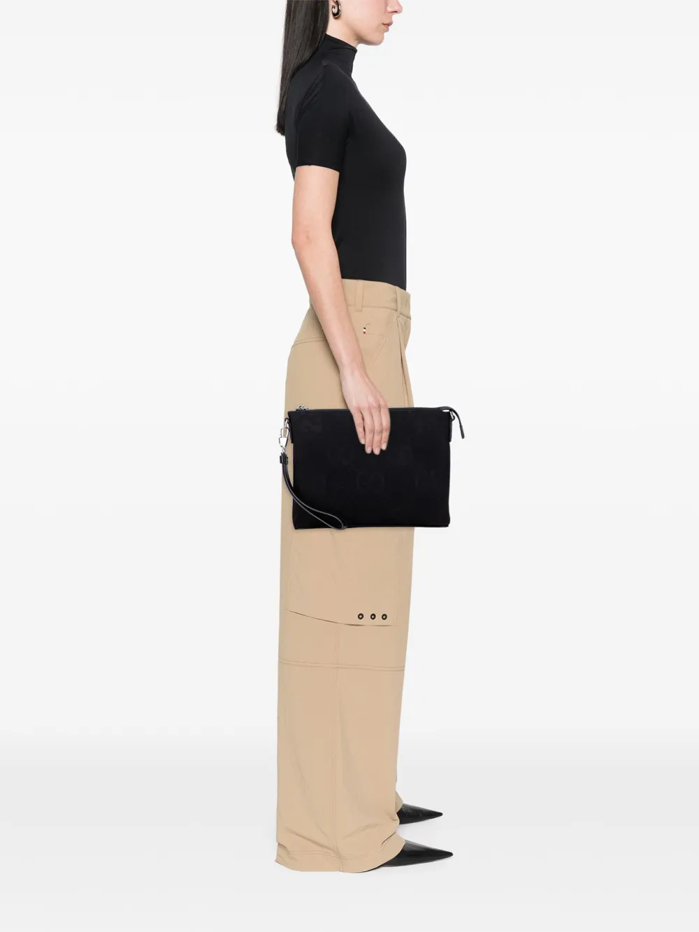 Pre-owned Gucci 2016-2025 Jumbo Gg Canvas Clutch On Strap Crossbody Bag In Black