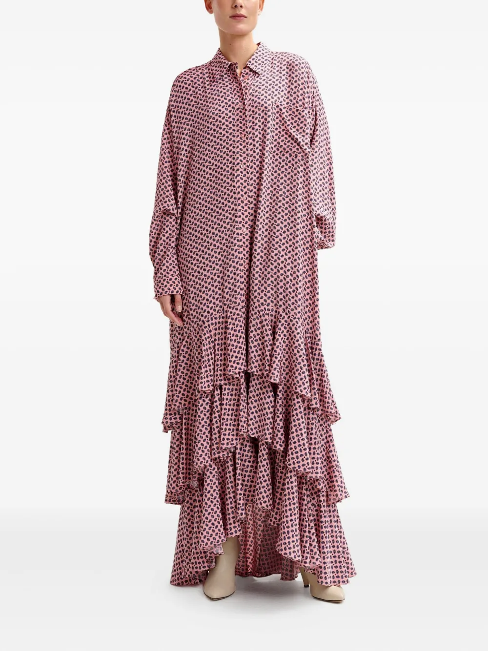 Essentiel Antwerp Geometric-pattern Ruffle-hem Maxi Dress In Pink