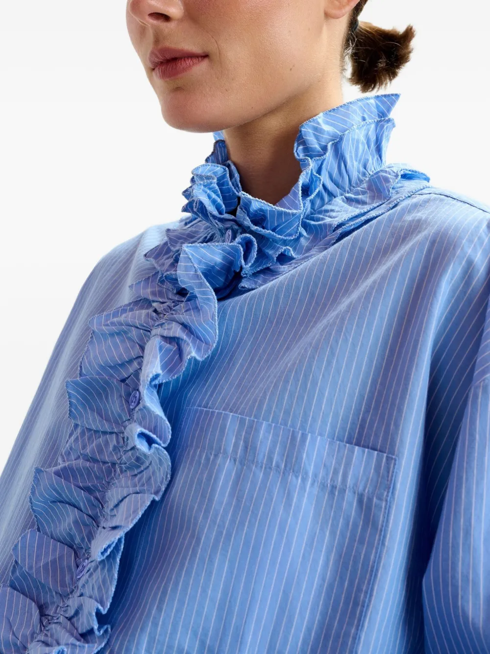 Essentiel Antwerp Stripe-pattern Ruffle-detail Shirt In Blue