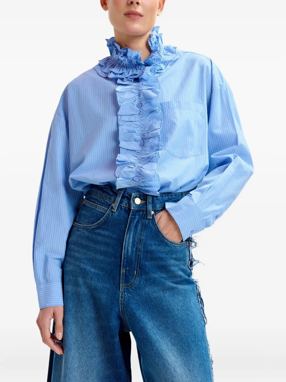 Essentiel Antwerp Stripe-pattern Ruffle-detail Shirt In Blue