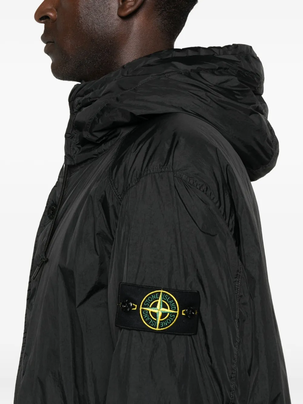 Stone Island Hooded Drawstring Coat In Black