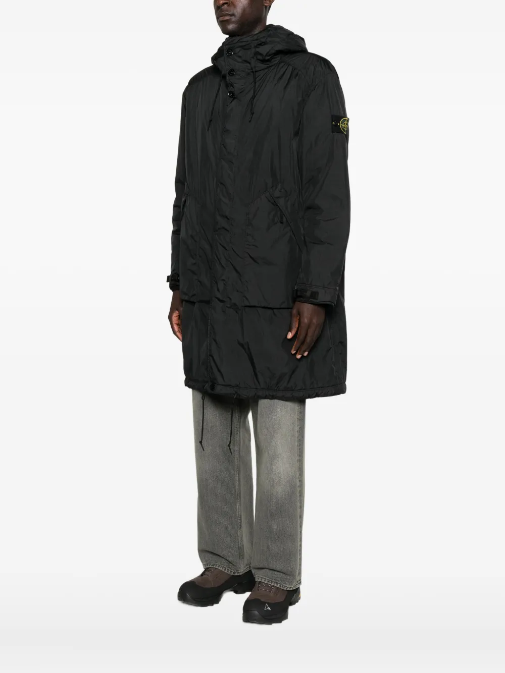 Stone Island Hooded Drawstring Coat In Black