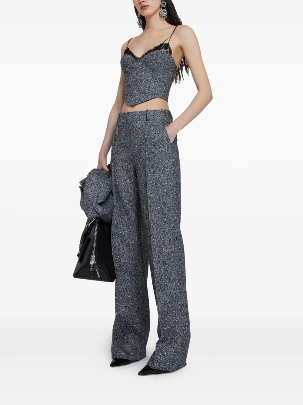 Ermanno Scervino Top met afwerking van kant en visgraatpatroon - Grijs