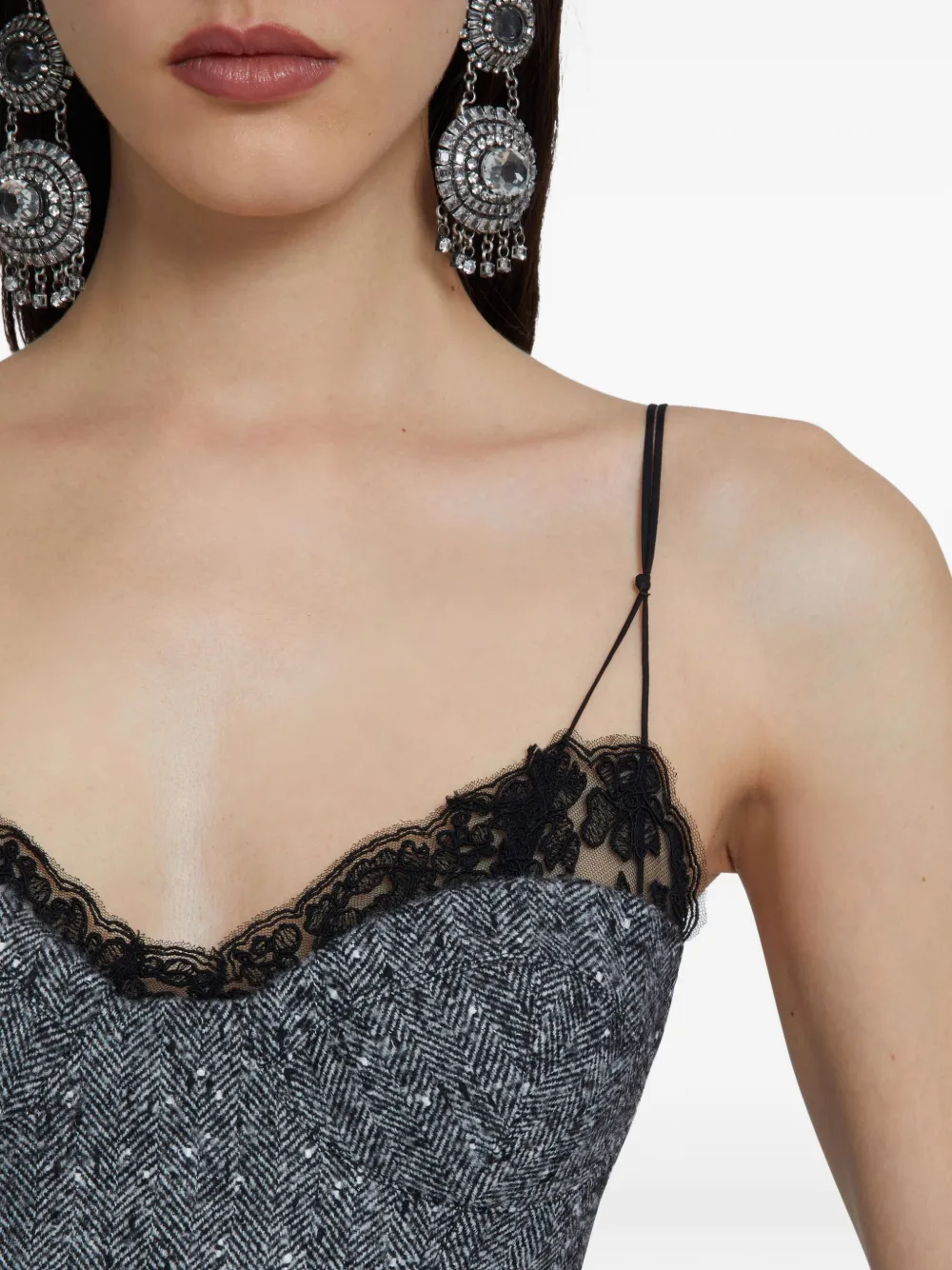 Ermanno Scervino Herringbone-print Lace-trimmed Top In Gray