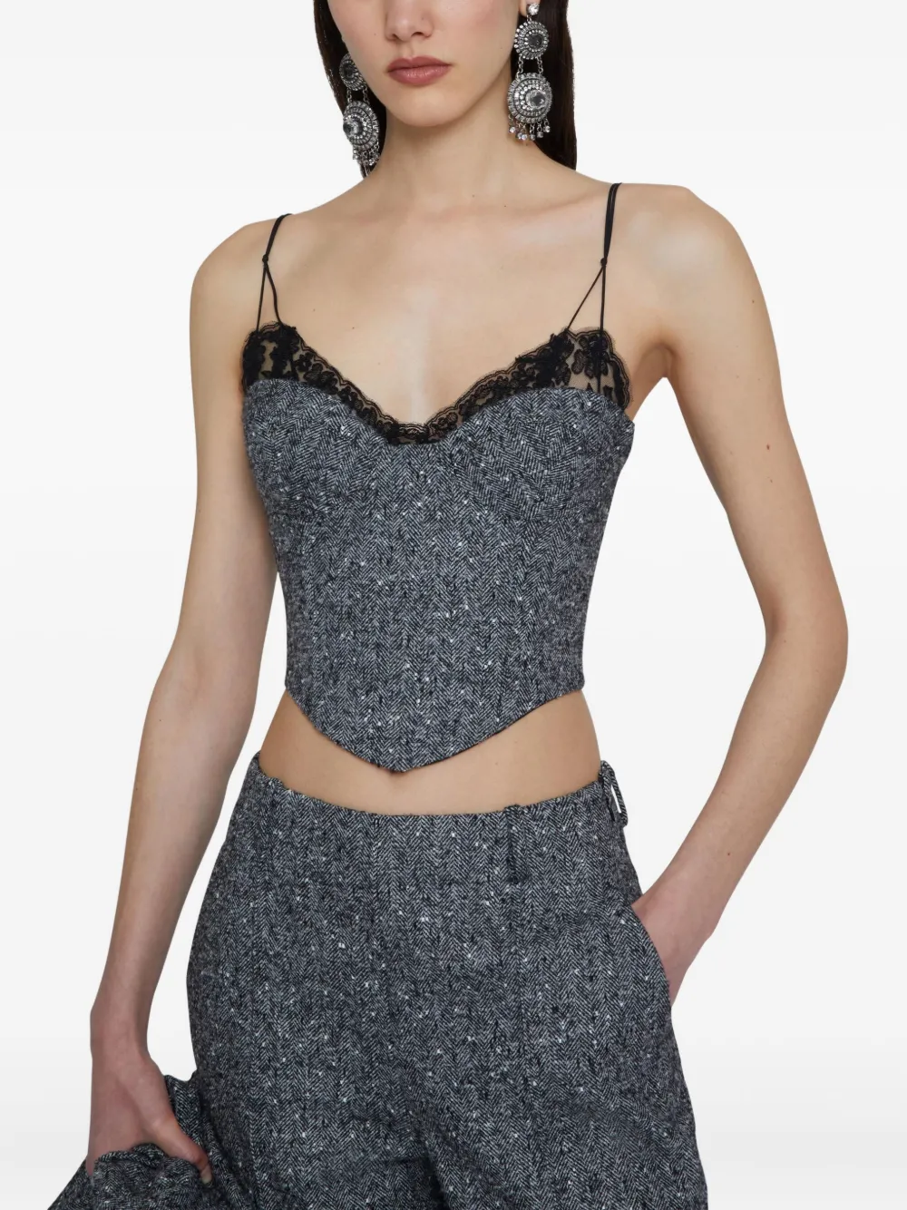 Ermanno Scervino Herringbone-print Lace-trimmed Top In Gray