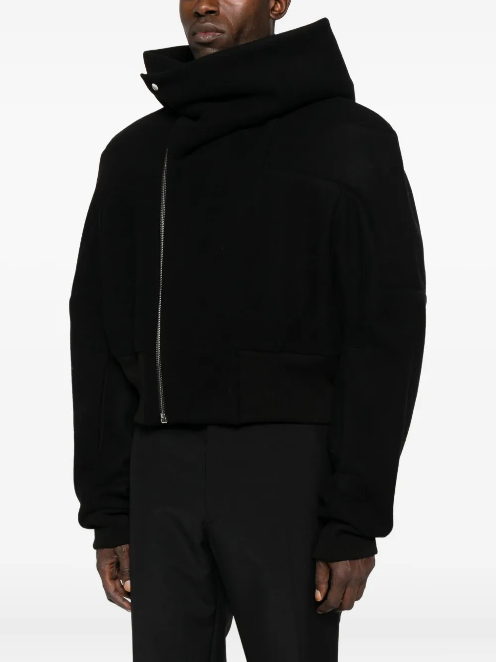 Rick Owens Cropped Black Coat With Oversized Collar In Black