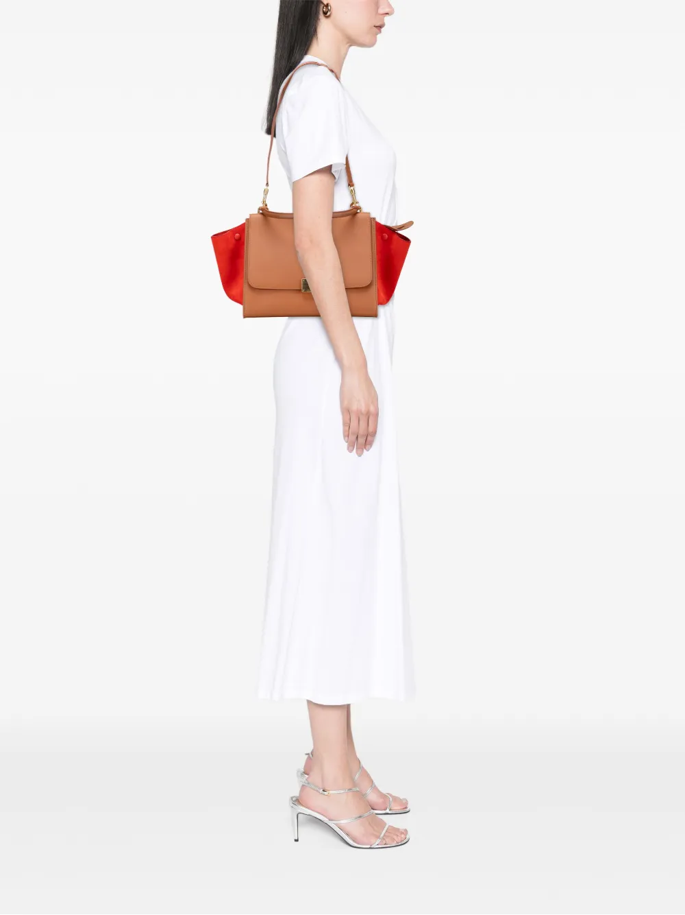Pre-owned Celine 2013 Medium Bicolor Calfskin And Suede Trapeze Satchel In Brown