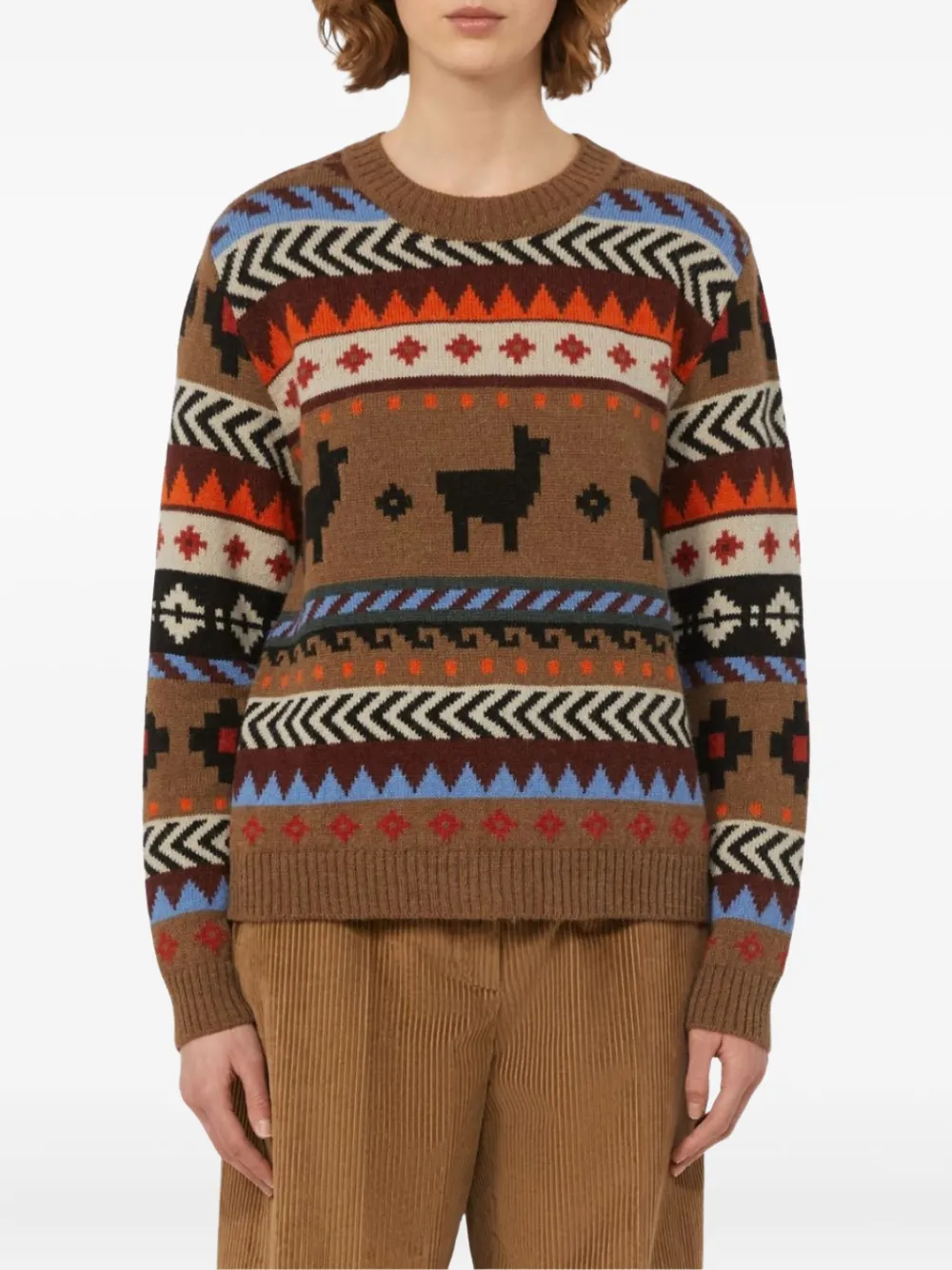 Weekend Max Mara Llama-pattern Crew-neck Sweater In Brown