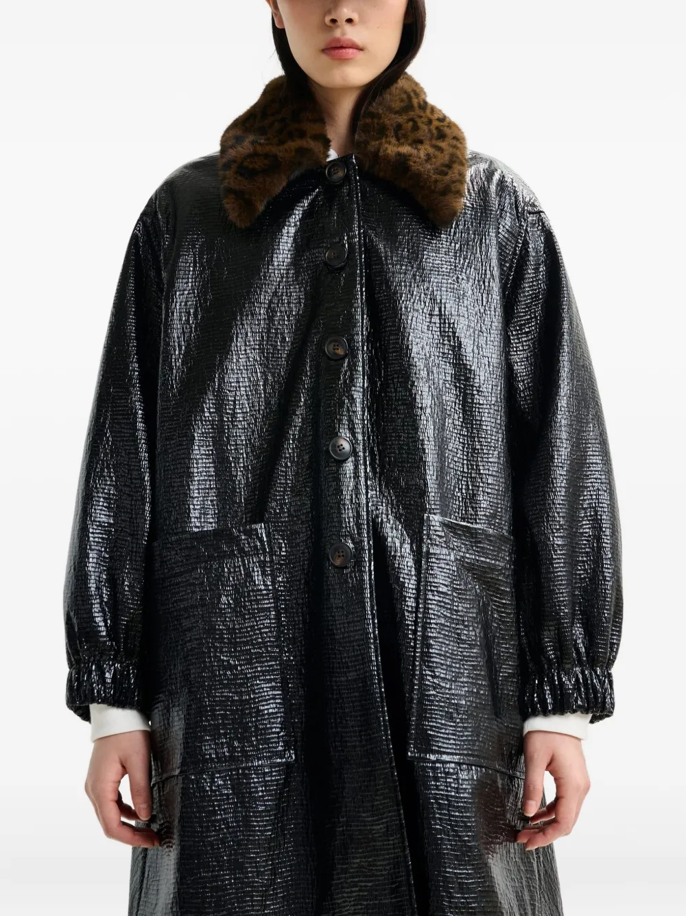 Essentiel Antwerp Jas met luipaardprint en kraag Zwart