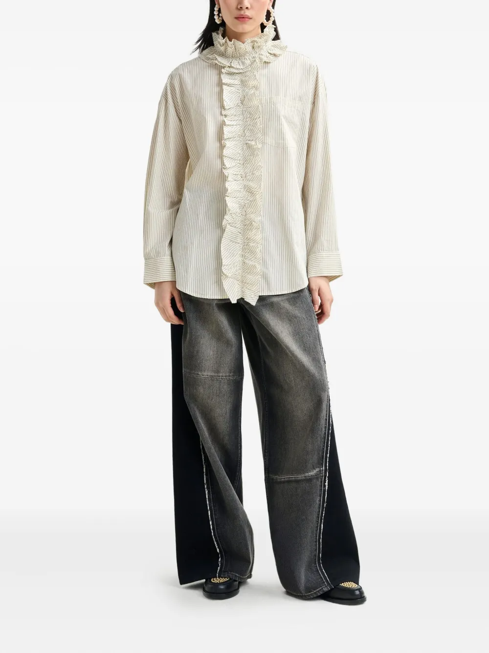 Essentiel Antwerp stripe-pattern ruffle-detail shirt - Beige