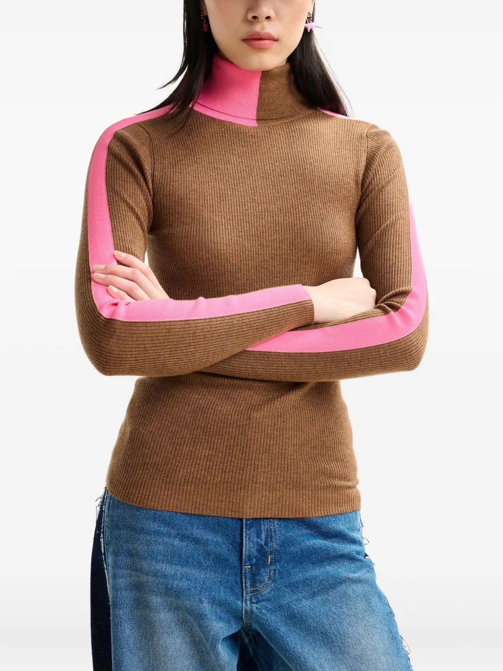 Essentiel Antwerp Stripe-detail Turtleneck Sweater In Brown