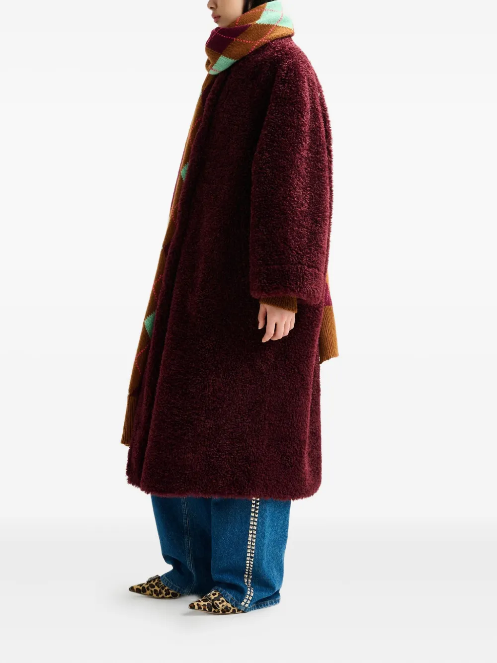 Essentiel Antwerp Ispot Stand-up Collar Faux-shearling Coat In Burgundy