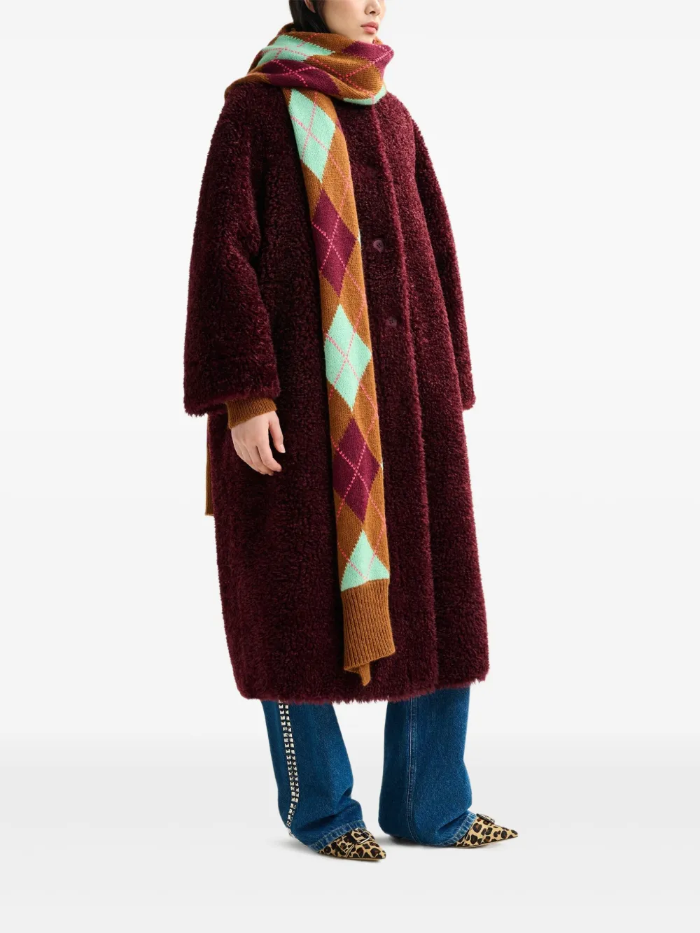 Essentiel Antwerp Ispot Stand-up Collar Faux-shearling Coat In Burgundy