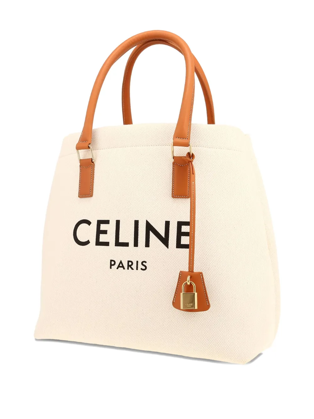 Pre-owned Celine Logo-print Leather-trimmed Tote Bag In Neutral