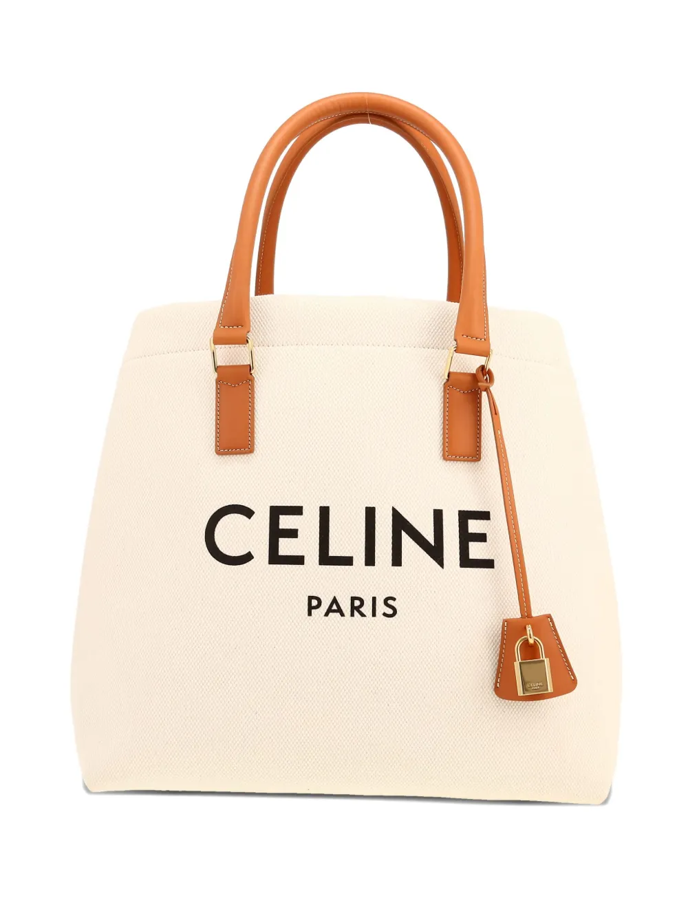 Pre-owned Celine Logo-print Leather-trimmed Tote Bag In Neutral