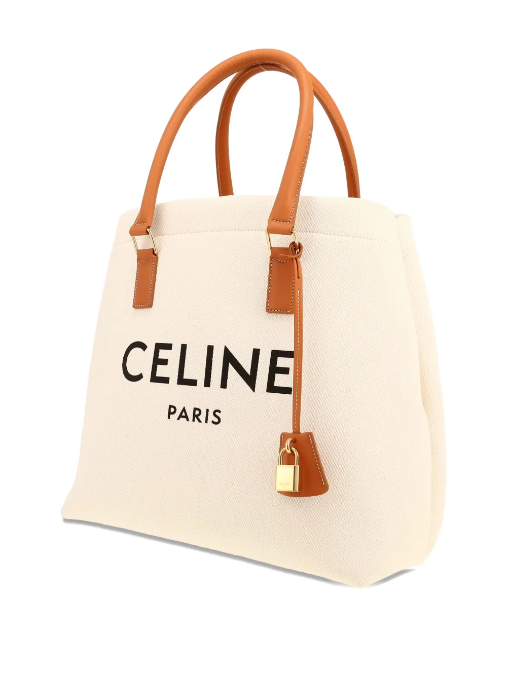 Pre-owned Celine Logo-print Leather-trimmed Tote Bag In Neutral