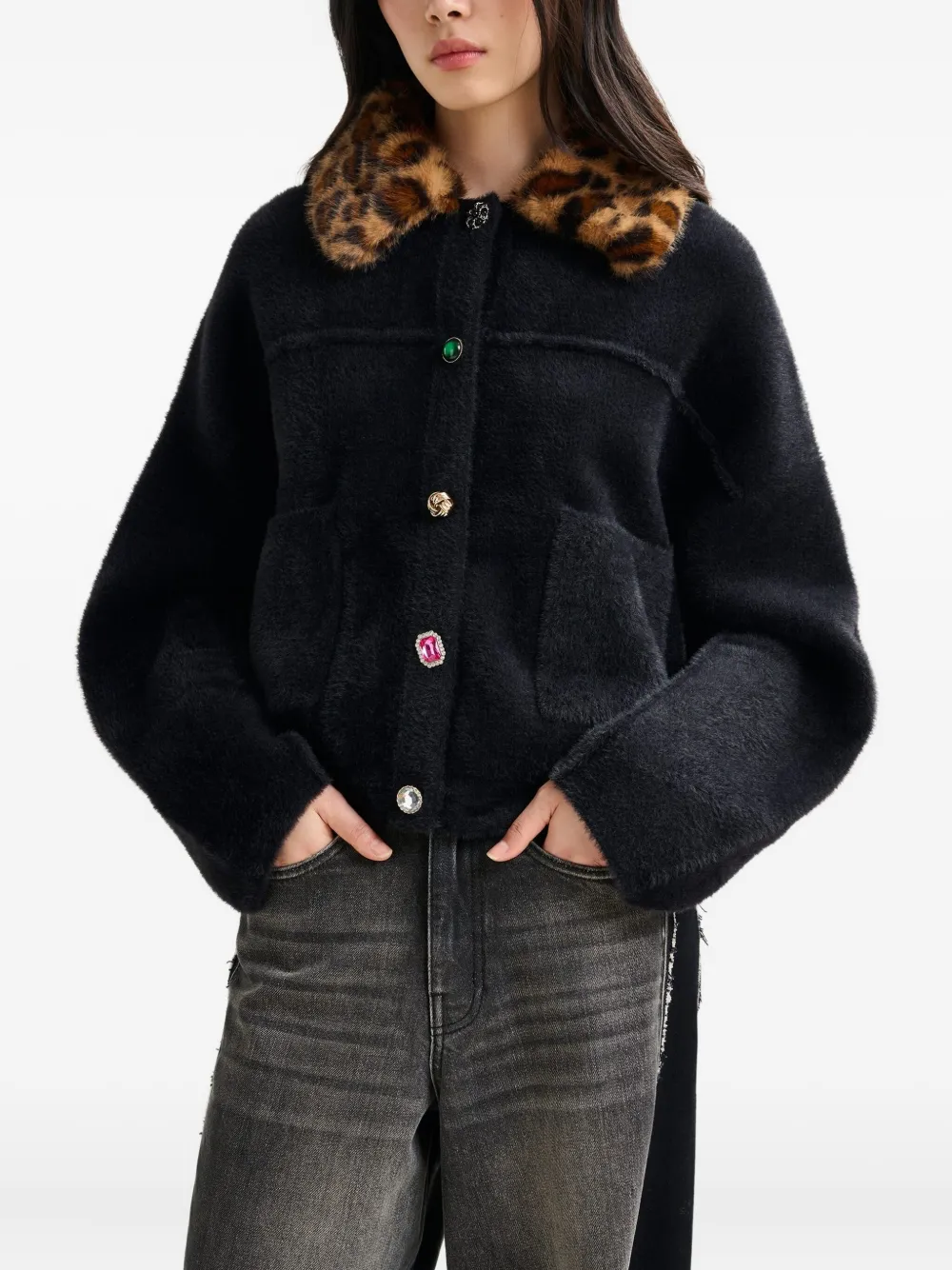 Essentiel Antwerp Leopard-print Collar Button-fastening Cardigan In Black