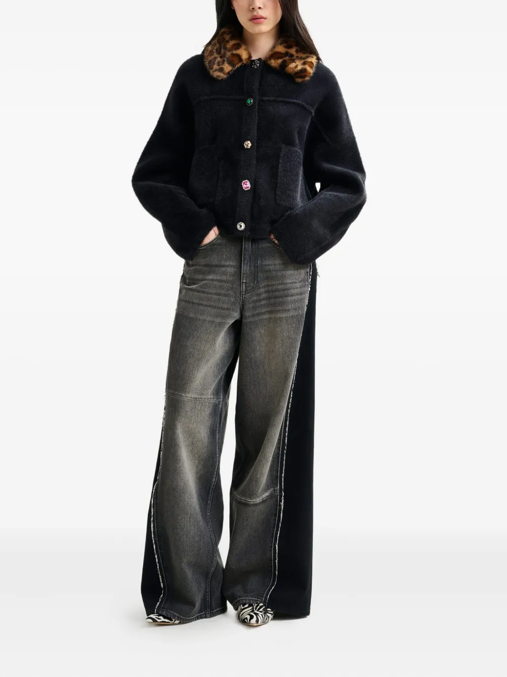 Essentiel Antwerp Leopard-print Collar Button-fastening Cardigan In Black