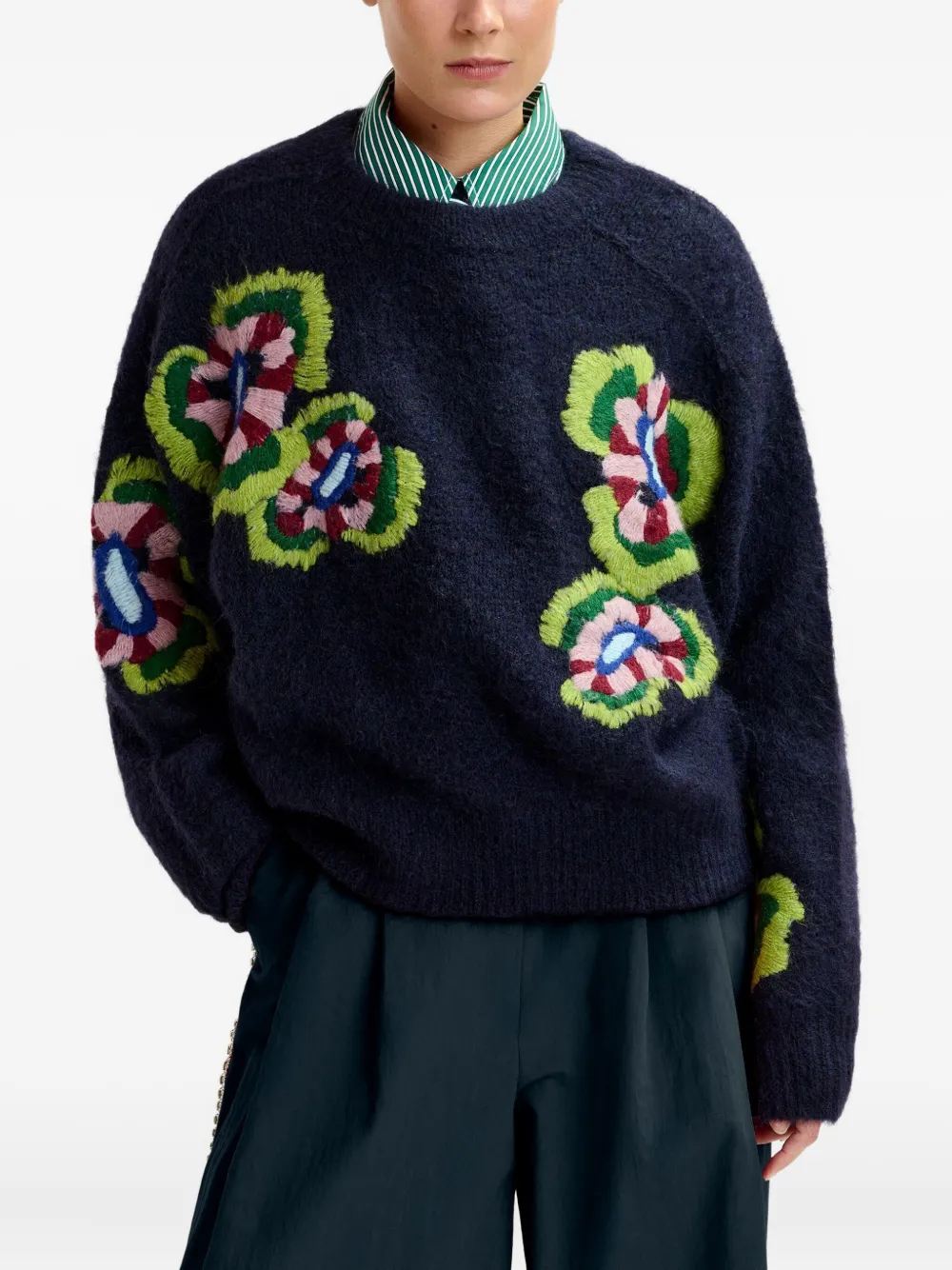 Essentiel Antwerp Trui met geborduurde bloemen en ronde hals Blauw