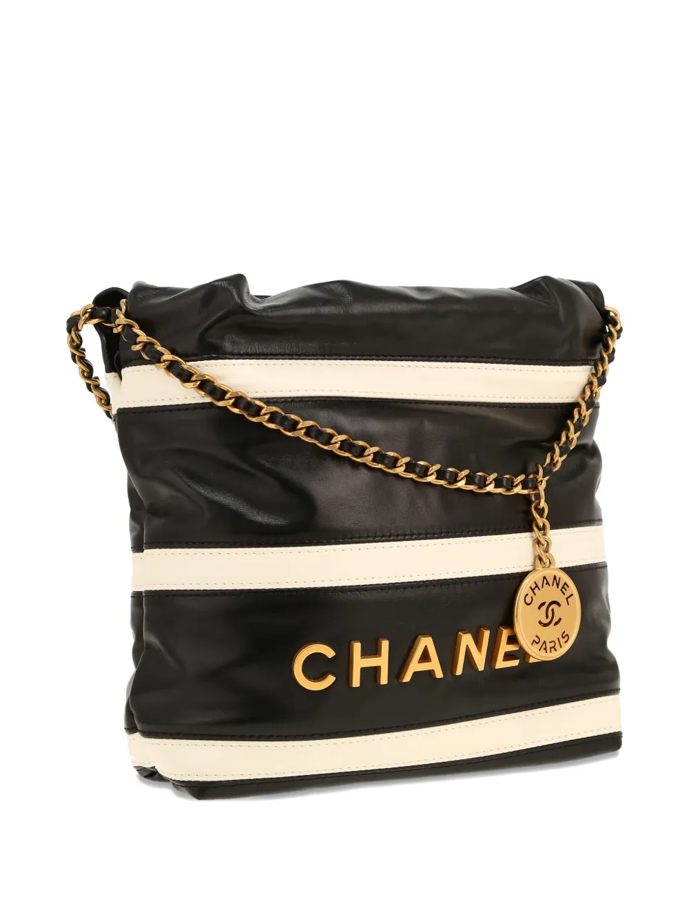 Pre-owned Chanel Mini Leather Striped Tote Bag In Black