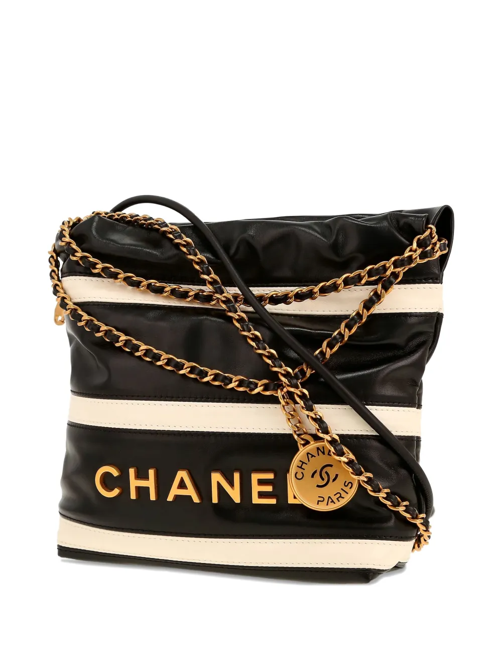 Pre-owned Chanel Mini Leather Striped Tote Bag In Black