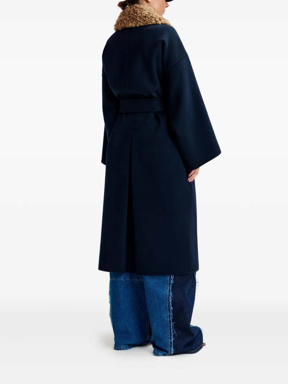 Essentiel Antwerp Faux-fur Collar Belted Coat In Blue