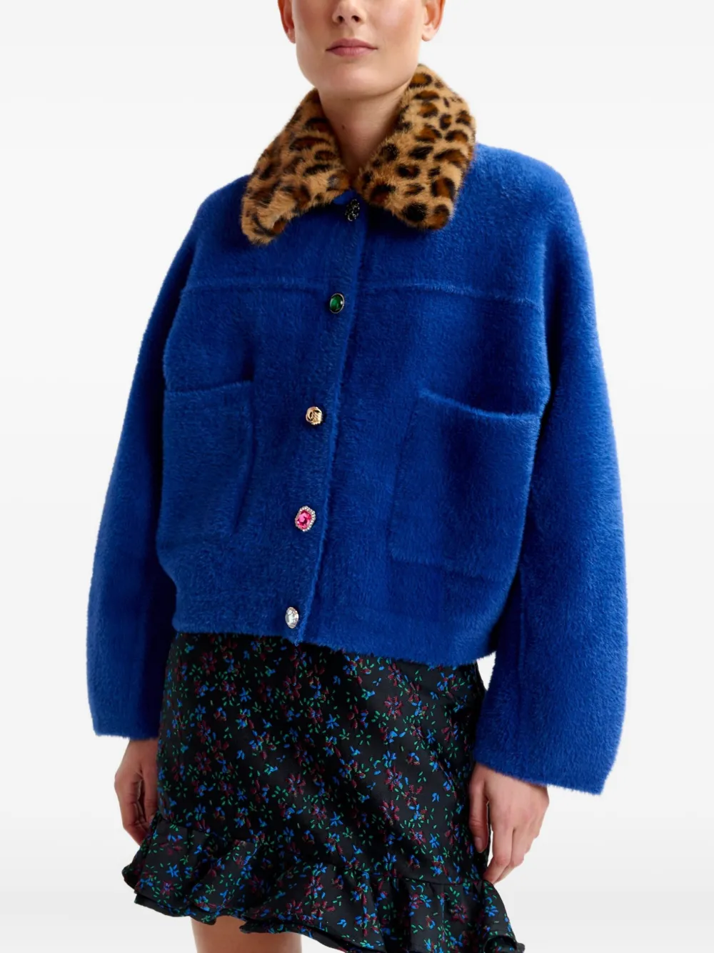 Essentiel Antwerp Leopard-print Collar Embellished-button Cardigan In Blue