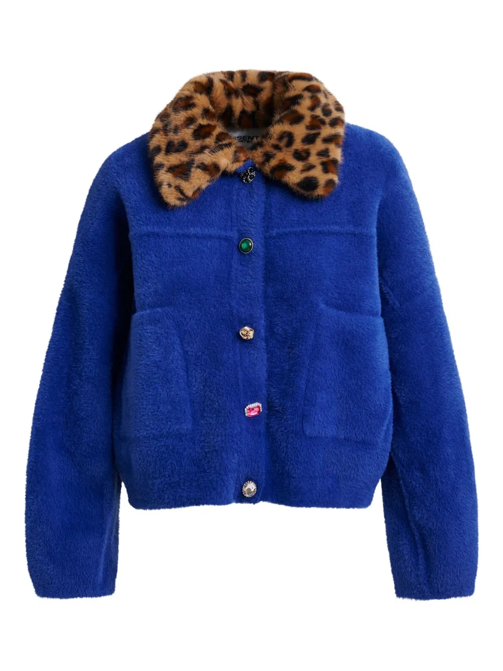 Essentiel Antwerp Leopard-print Collar Embellished-button Cardigan In Blue