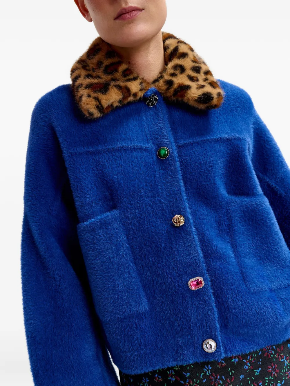 Essentiel Antwerp Leopard-print Collar Embellished-button Cardigan In Blue