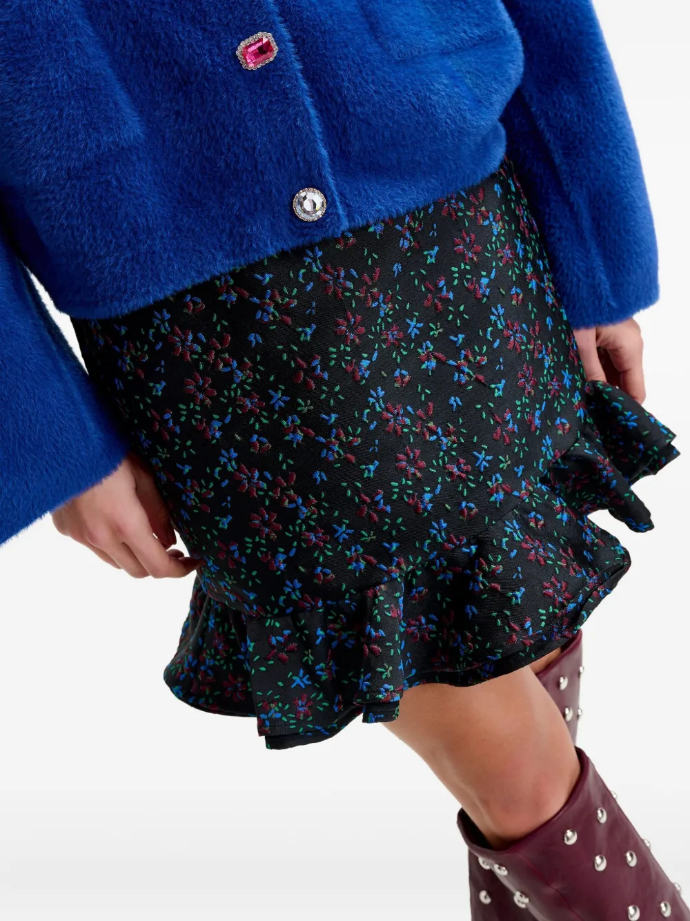 Essentiel Antwerp Floral-print Ruffled-hem Skirt In Black