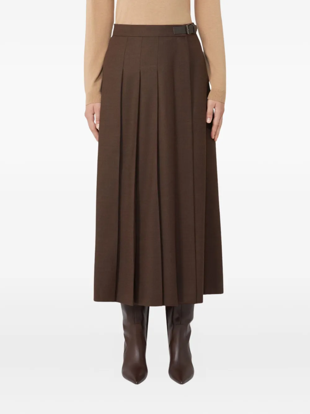 Weekend Max Mara Pleated Buckle-fastening Midi Skirt In Brown