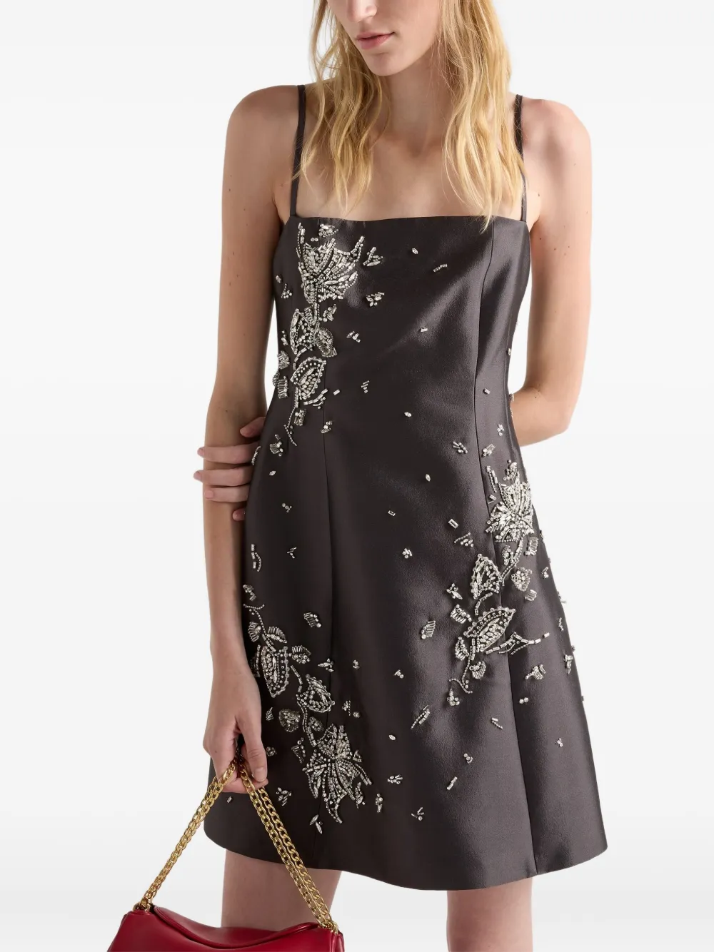 Prada Besticktes Minikleid Aus Seide Und Wolle In Gray