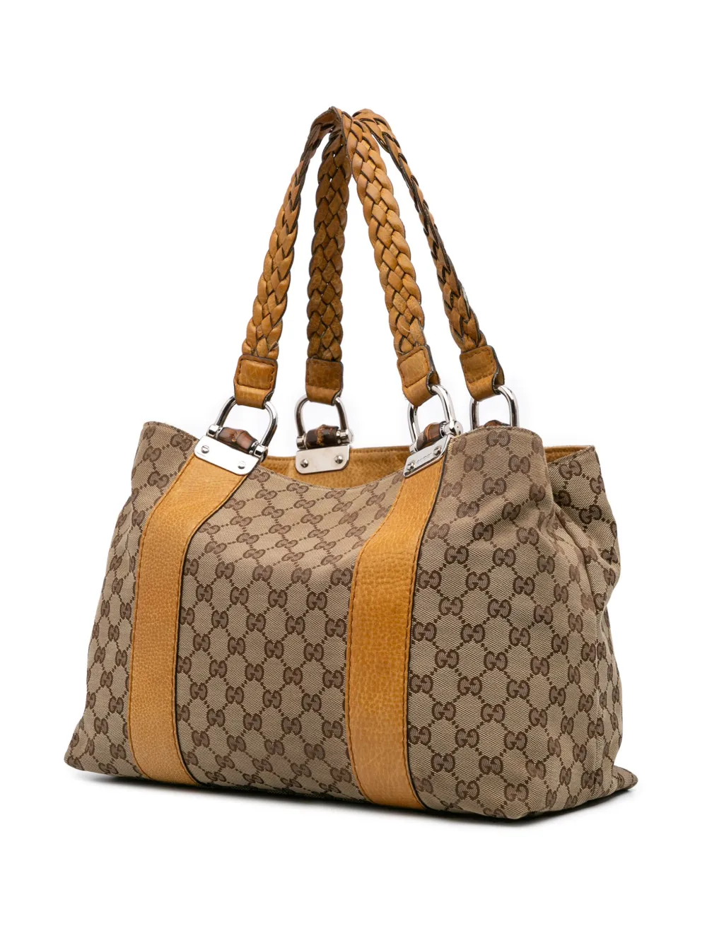 Pre-owned Gucci 2016-2024 Medium Gg Canvas Bamboo Libeccio Tote Bag In Brown