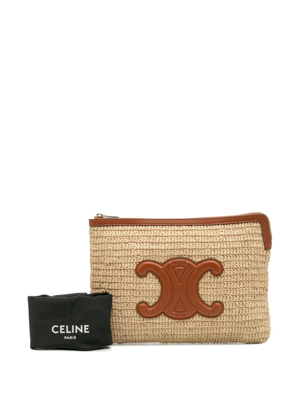 Pre-owned Celine 2020 Raffia Cuir Triomphe Zip Pouch Clutch Bag In Brown