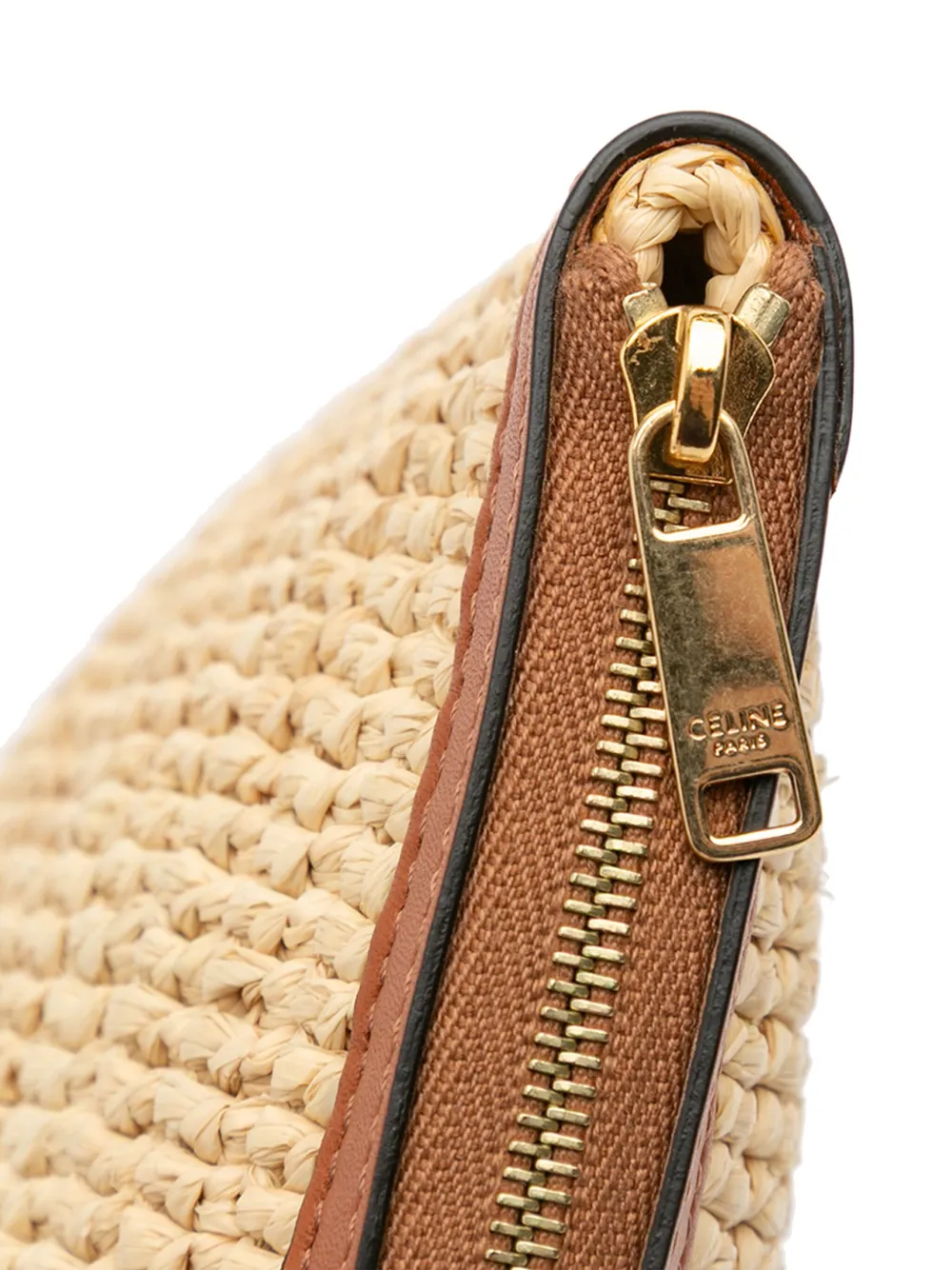 Pre-owned Celine 2020 Raffia Cuir Triomphe Zip Pouch Clutch Bag In Brown