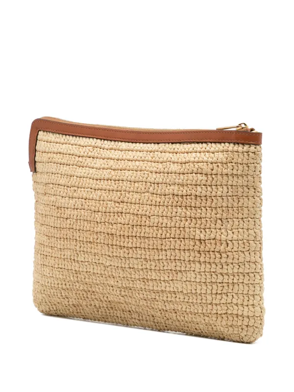Celine Pre-Owned 2020 Raffia Cuir Triomphe Zip Pouch Clutch Bag