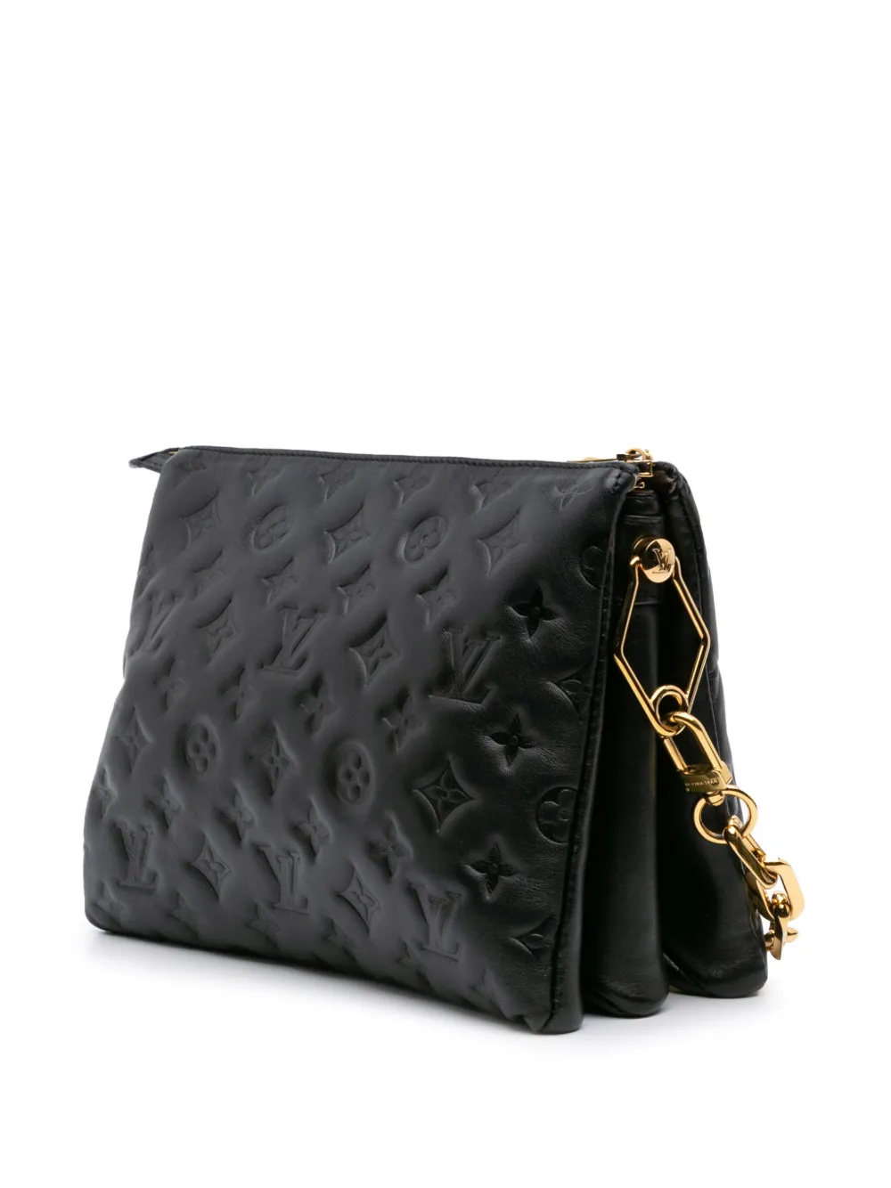Pre-owned Louis Vuitton 2021-2025 Monogram Embossed Puffy Lambskin Coussin Pm Satchel In Black