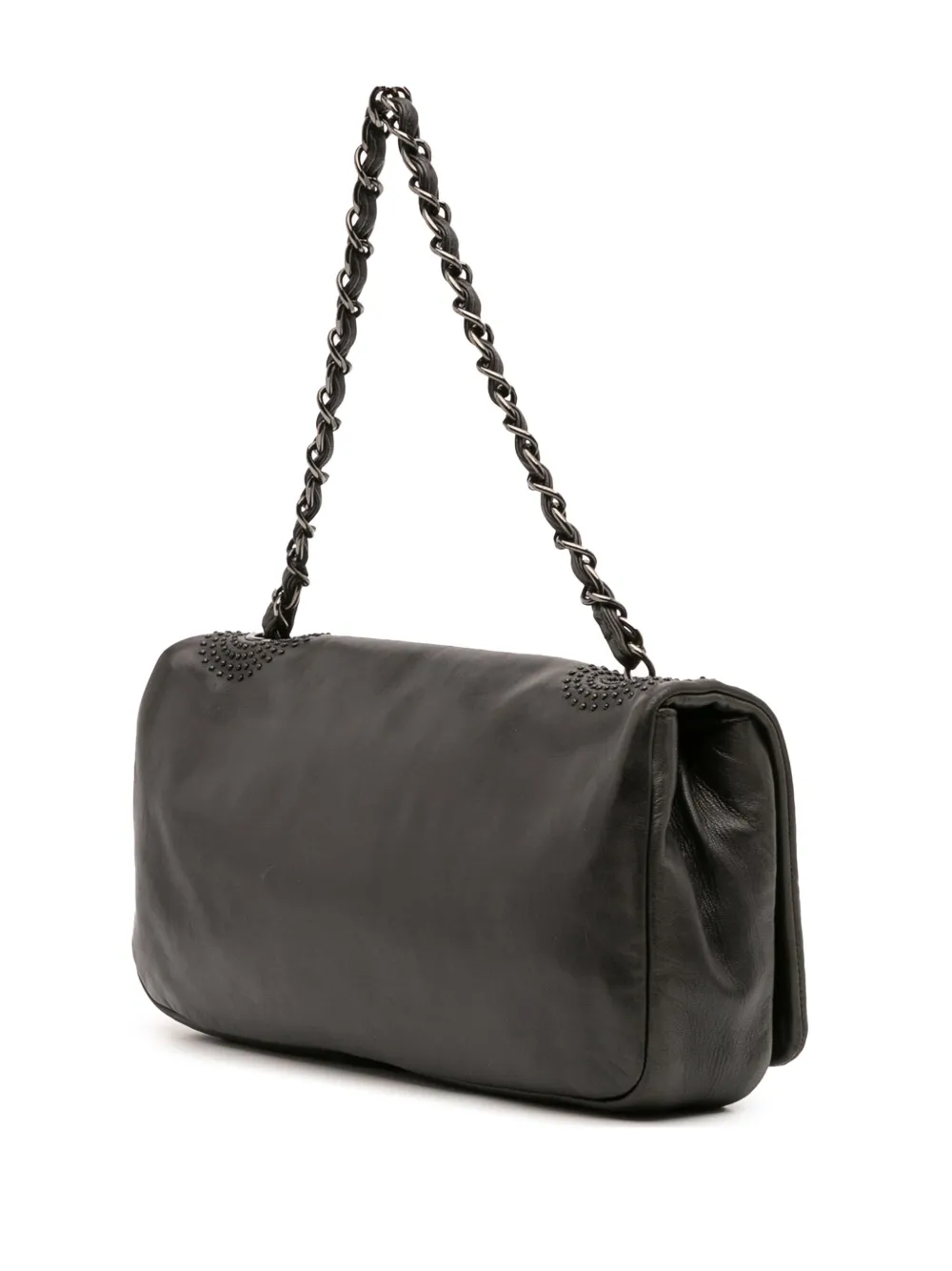 Pre-owned Chanel 2008-2009 Cc Studded Lambskin East West Flap Shoulder Bag In Black
