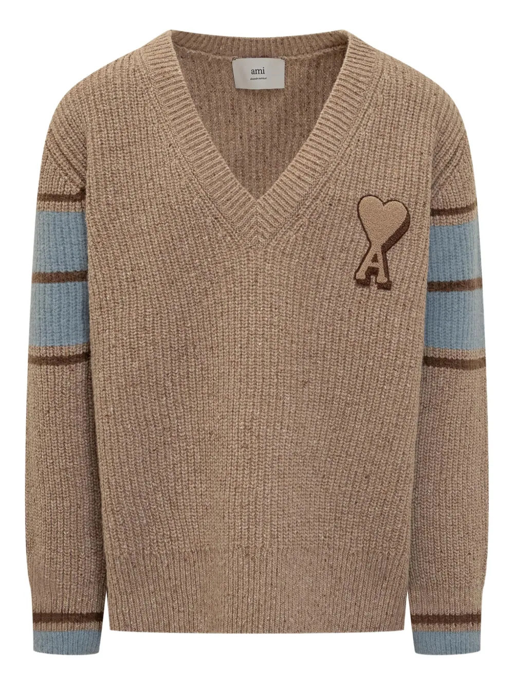 Ami Alexandre Mattiussi Heart-logo Striped Sweater In Brown