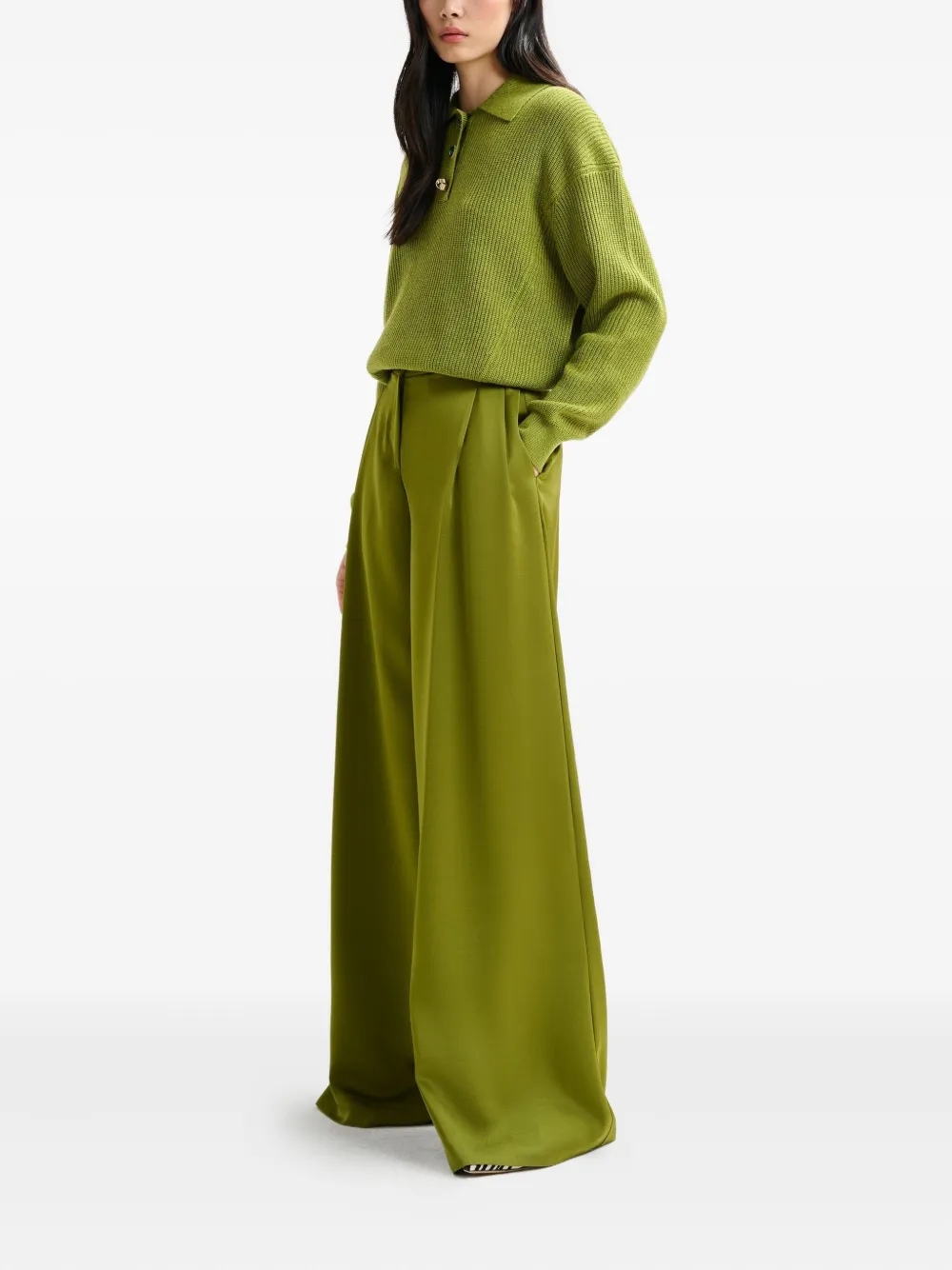 Essentiel Antwerp Ixie Pleated Satin-effect Palazzo Pants In Green