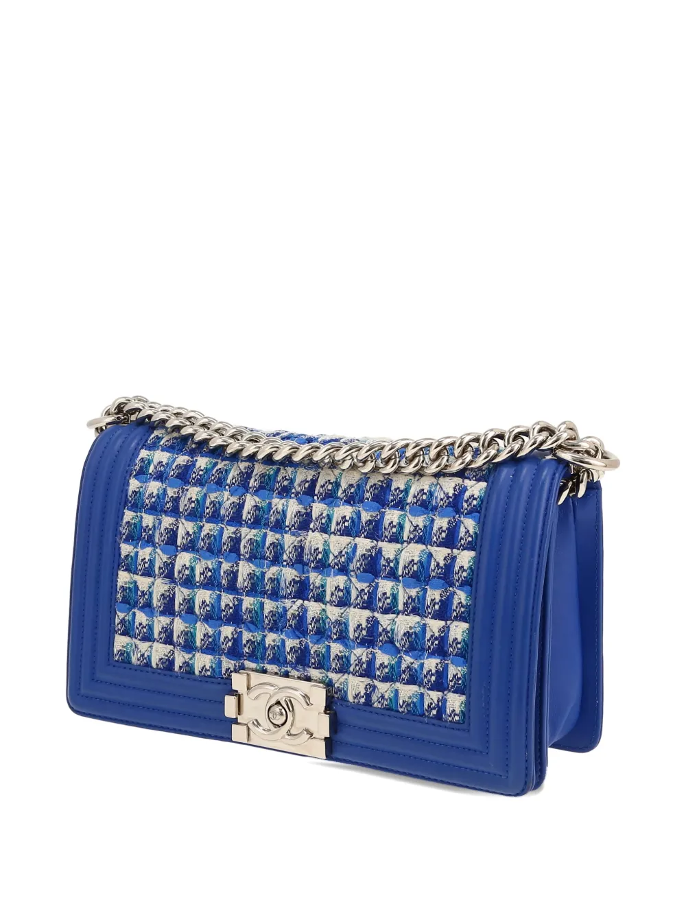 Pre-owned Chanel Boy Tweed-chain Shoulder Bag In Blue