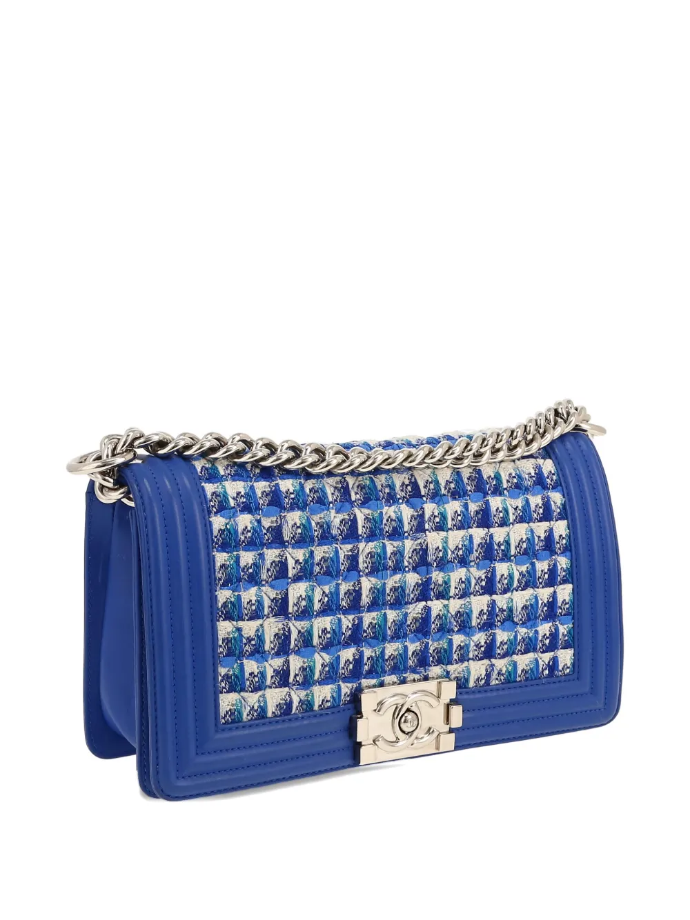 Pre-owned Chanel Boy Tweed-chain Shoulder Bag In Blue