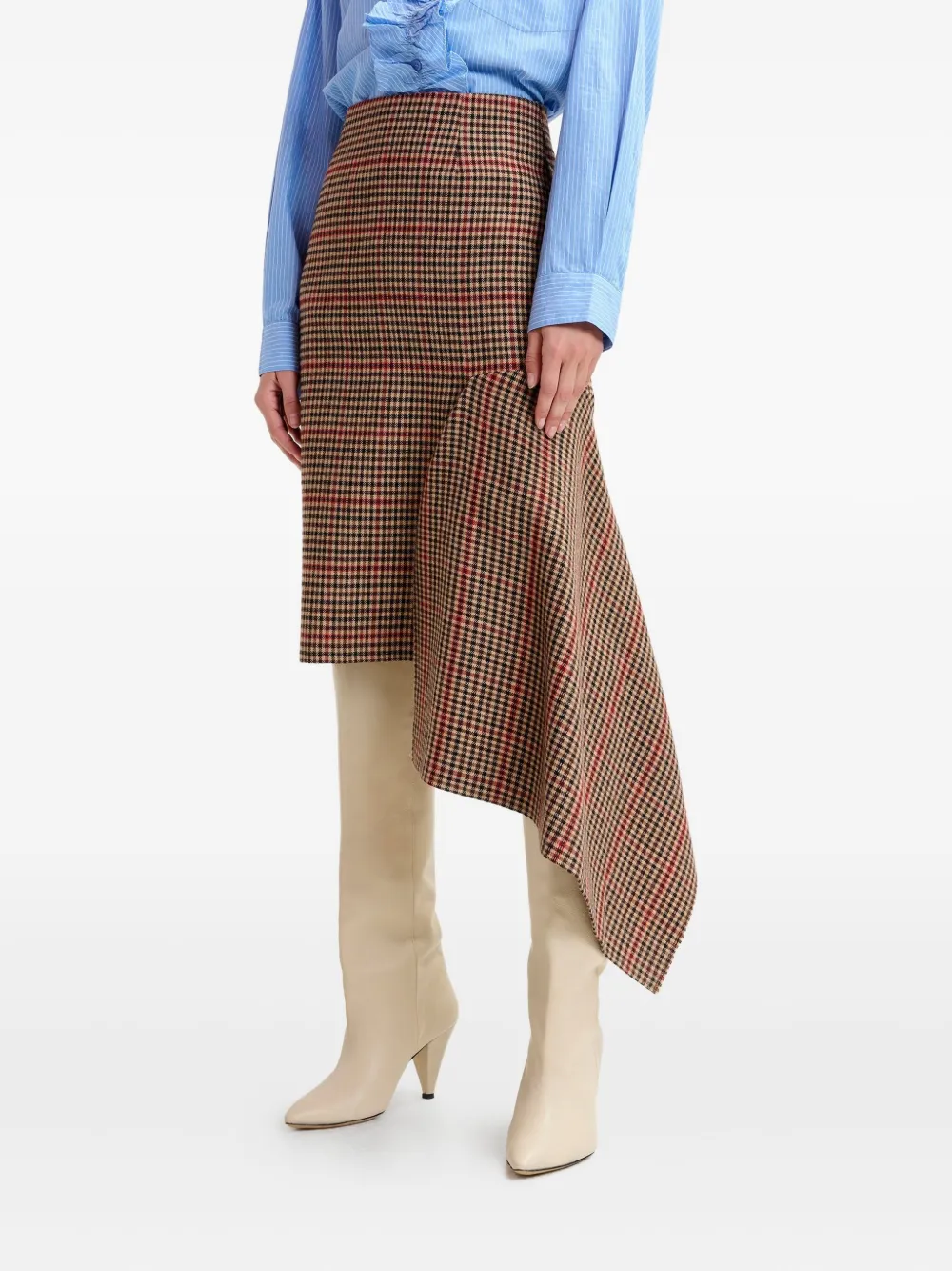 Essentiel Antwerp Checked-pattern Asymmetric-hem Midi Skirt In Brown