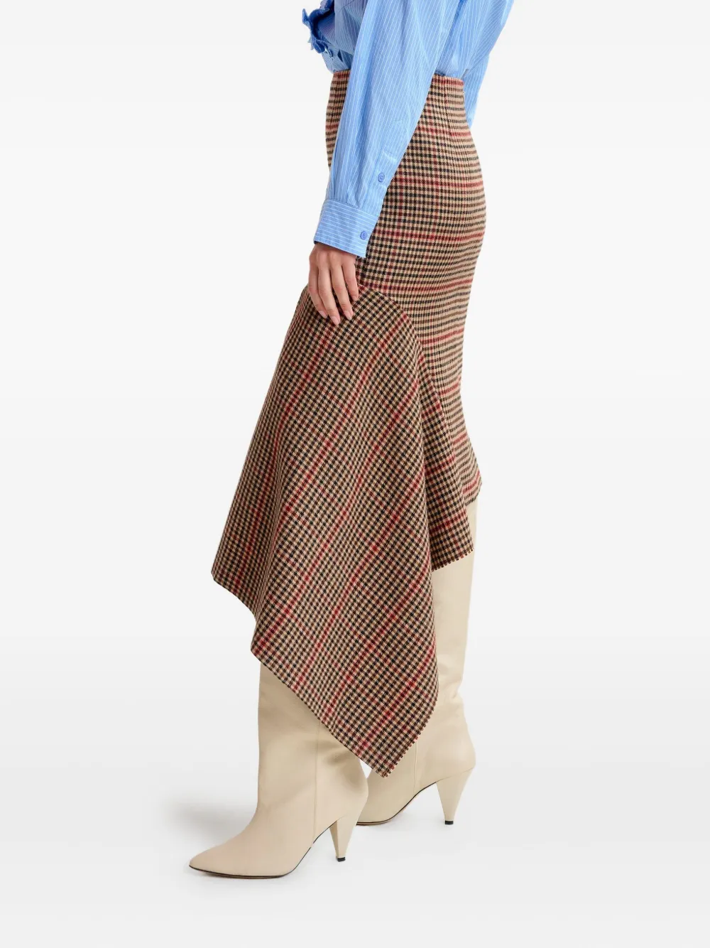 Essentiel Antwerp Checked-pattern Asymmetric-hem Midi Skirt In Brown