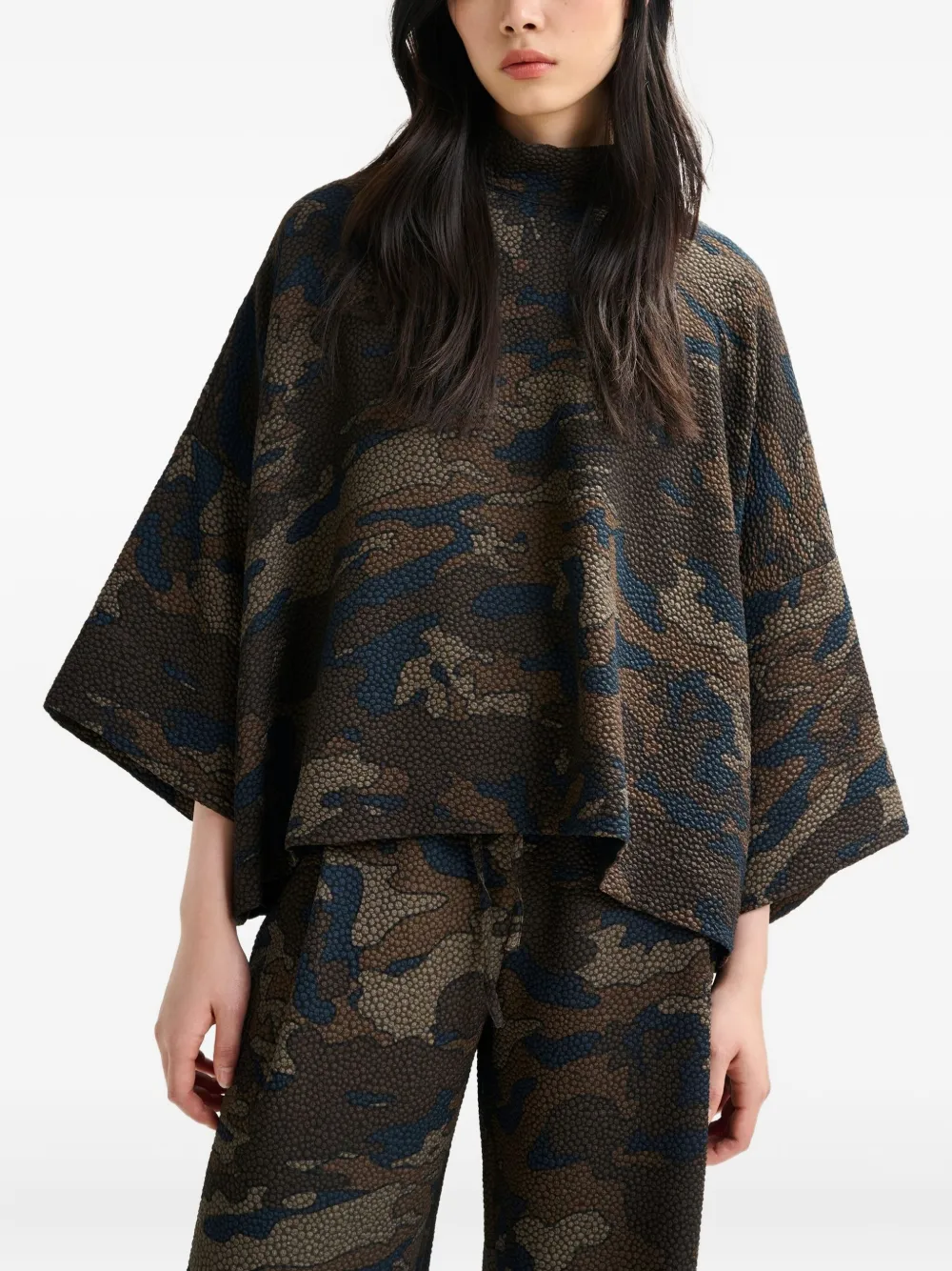 Essentiel Antwerp Camouflage-pattern High-neck Blouse In Brown
