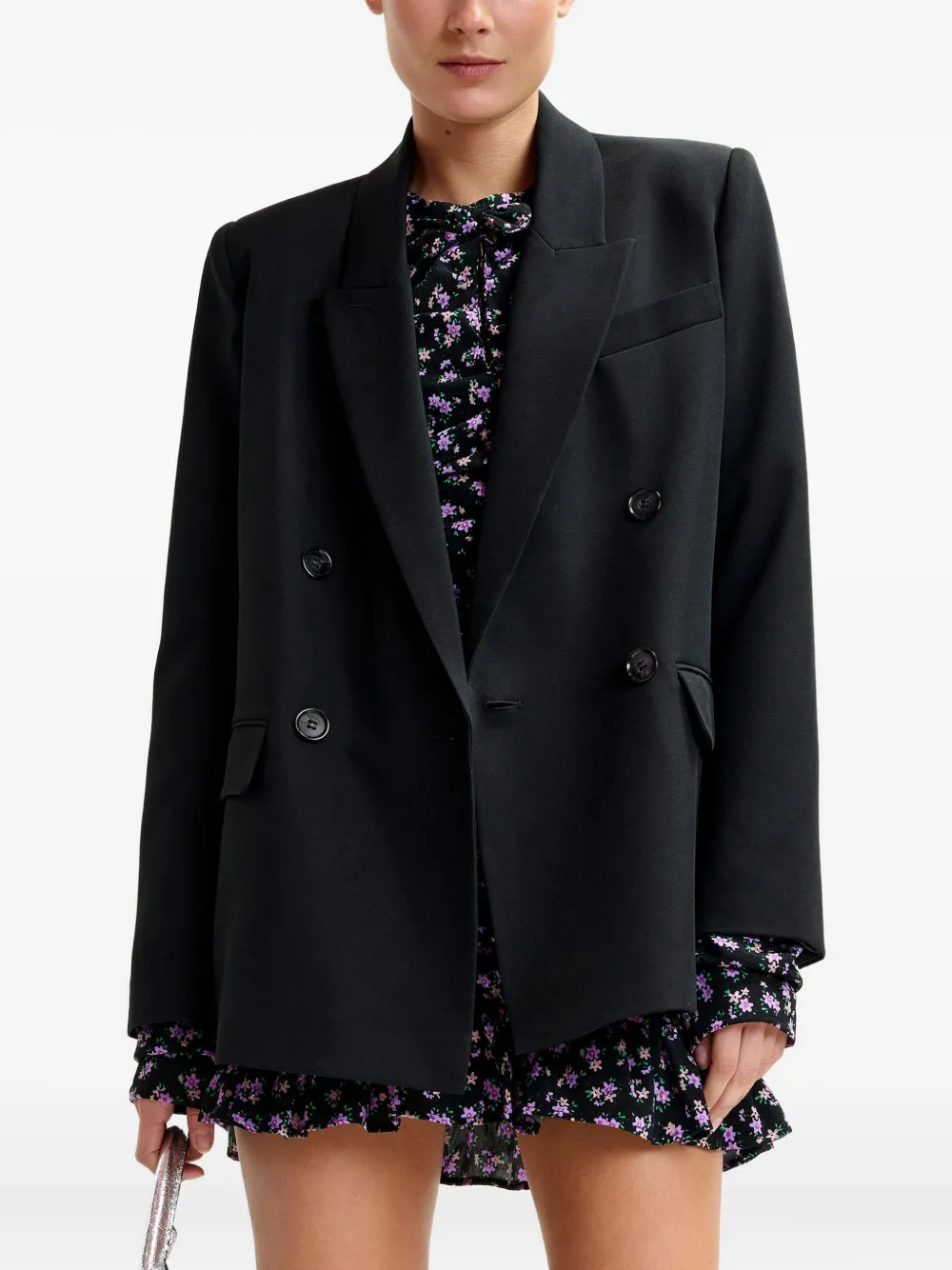 Essentiel Antwerp Double-breasted Padded-shoulder Blazer In Black