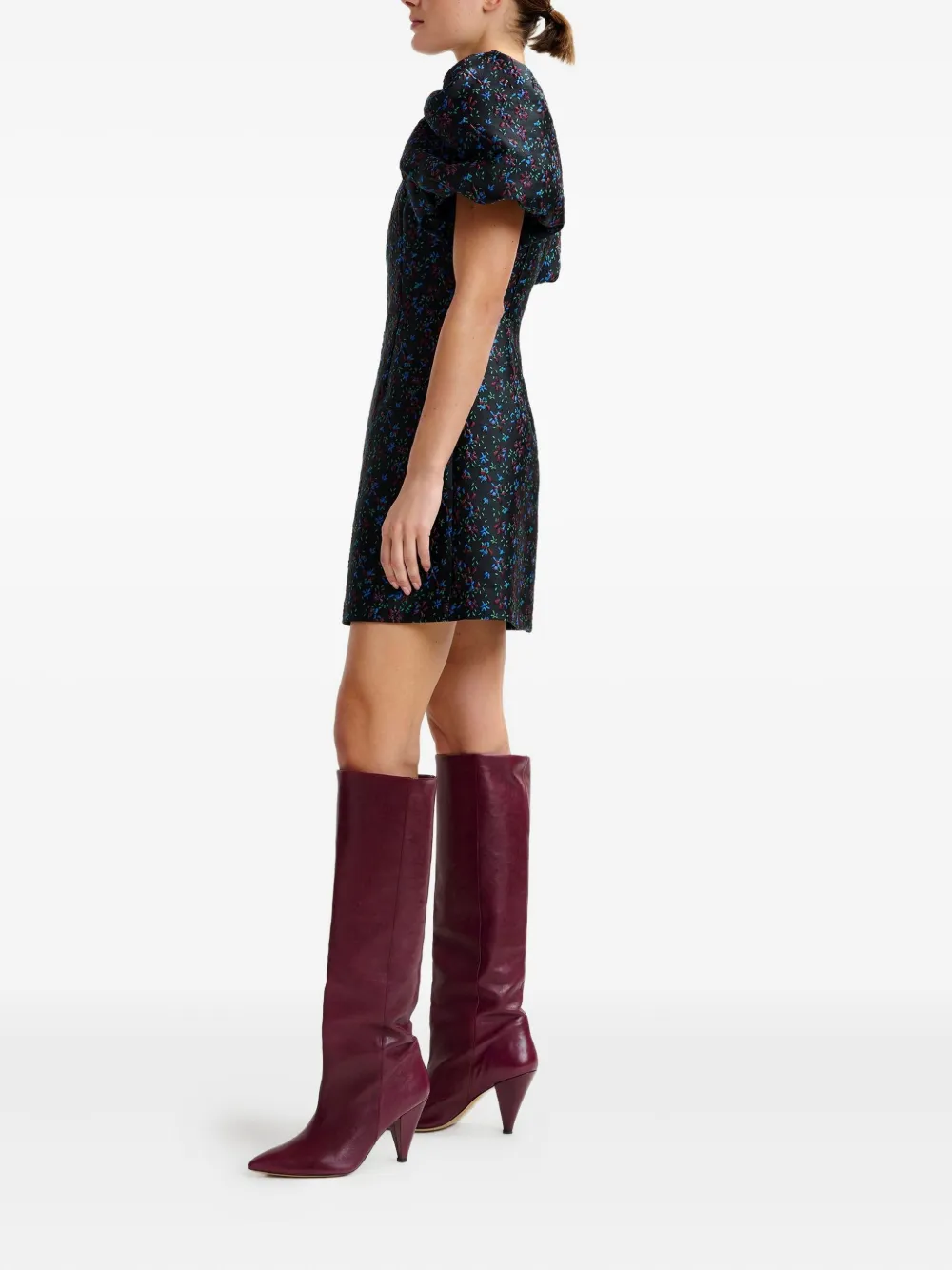 Essentiel Antwerp Puff-sleeve Floral-print Mini Dress In Black
